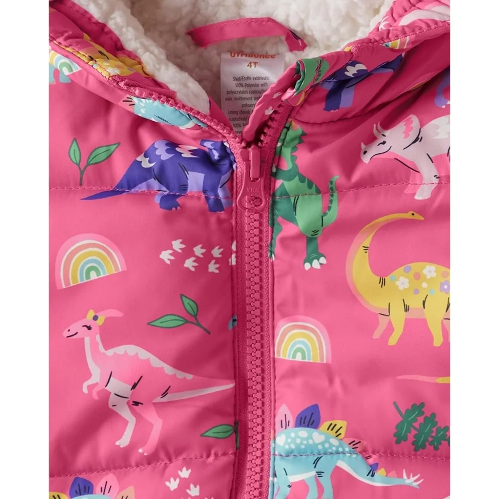Girls Gymboree Pink Dinosaur Hooded Heavyweight Lined Puffer Jacket Size 10 NEW